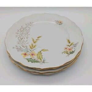 4 Wheatfield Forest 10" Dinner Plates Embossed Gold Trim Bavaria Germany Floral